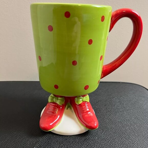 Christmas Elf Feet Coffee Cup Green And Red Ceramic Mug - Picture 1 of 7